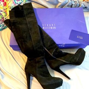 Stuart Weitzman, Vigor, OTK, Black Suede Boots, High Heel & Platform, Size 9